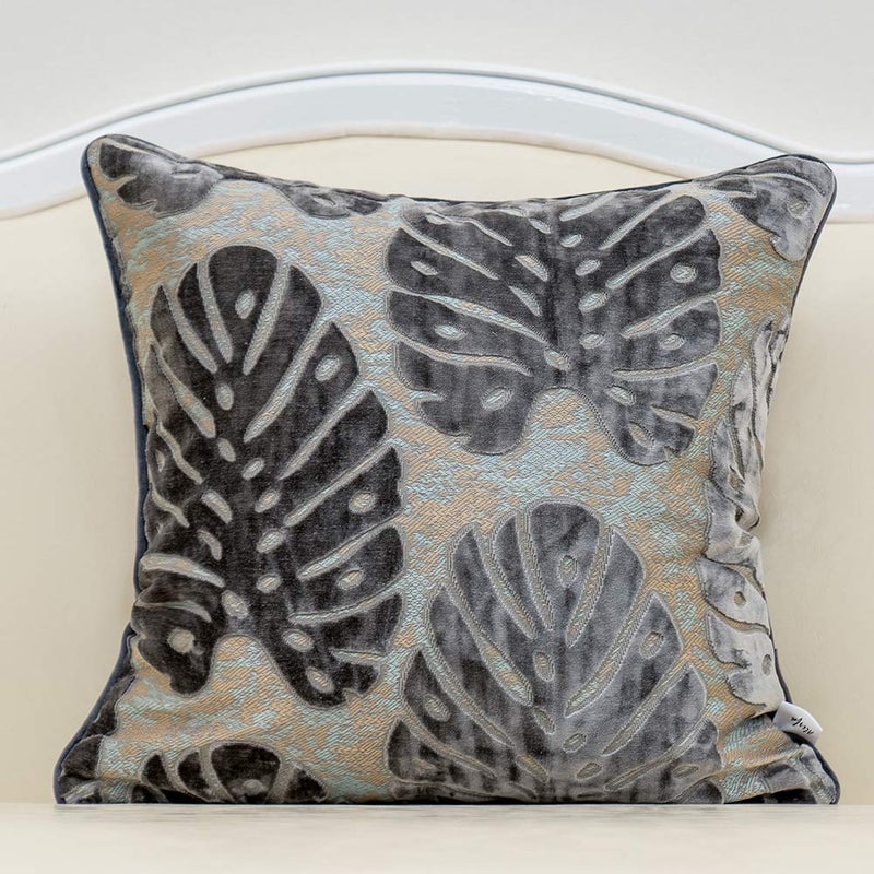 Alerfa 20 x 20 Inch Square Leaf Pillow Embroidery Cut Velvet Cushion Case Luxury Modern Lumbar Throw Pillow Cover Decorative Pillow for Couch Sofa Living Room Bedroom Car, Gray Silver - Image 1